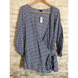 NEW $99 Talbots Top‎ Womens 2X Blue Ditsy Micro Floral Faux Wrap Romantic Tie